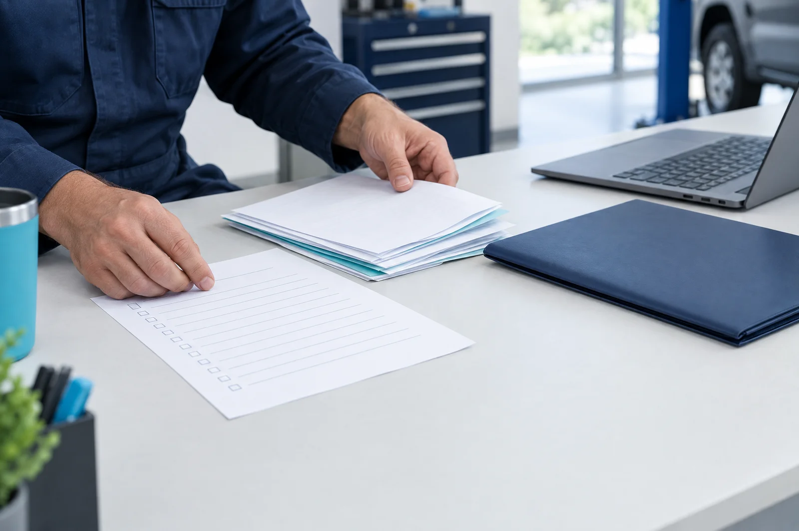 A professional workspace with learning materials and a laptop
