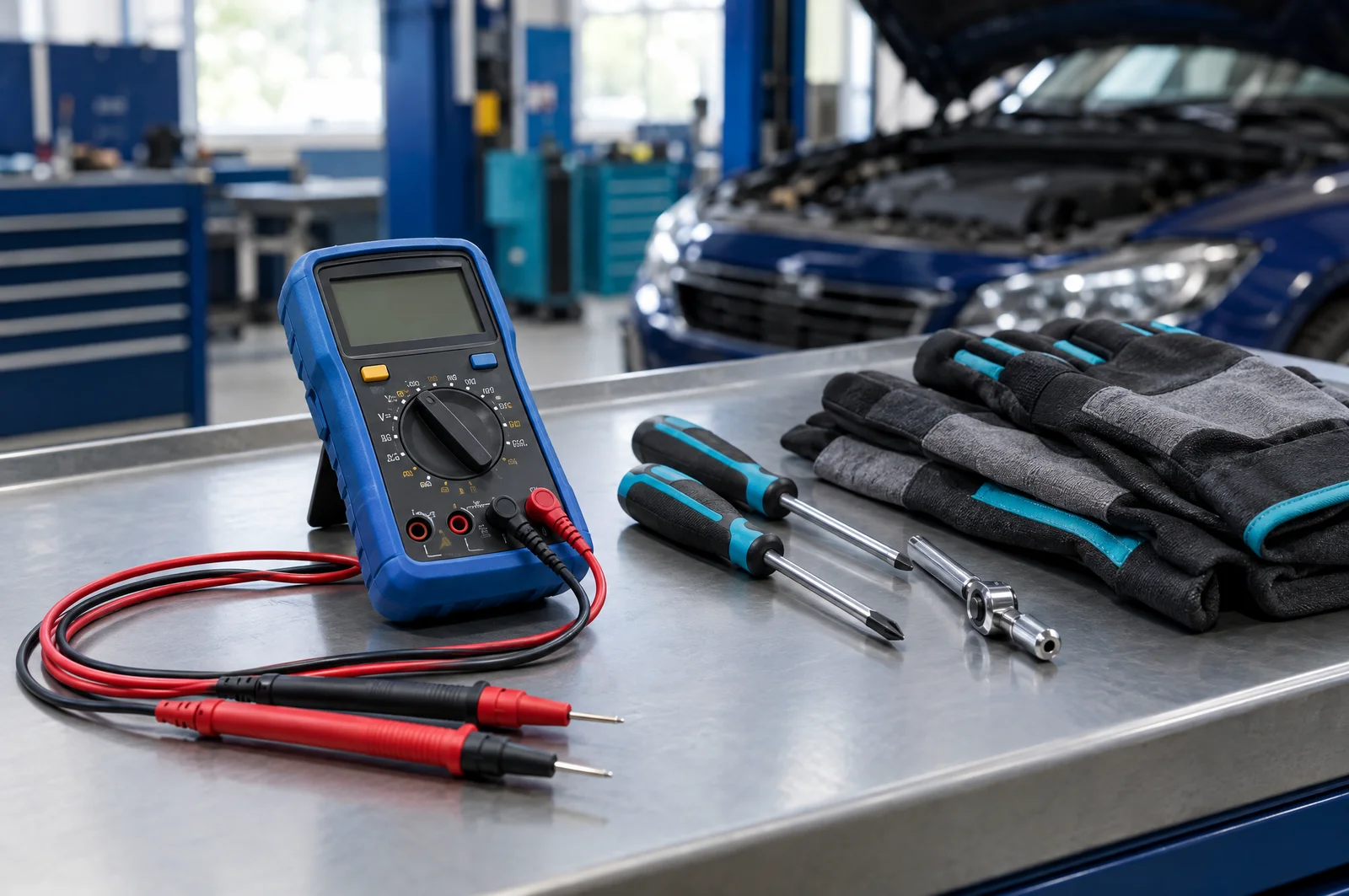Automotive tools carefully arranged on a workbench